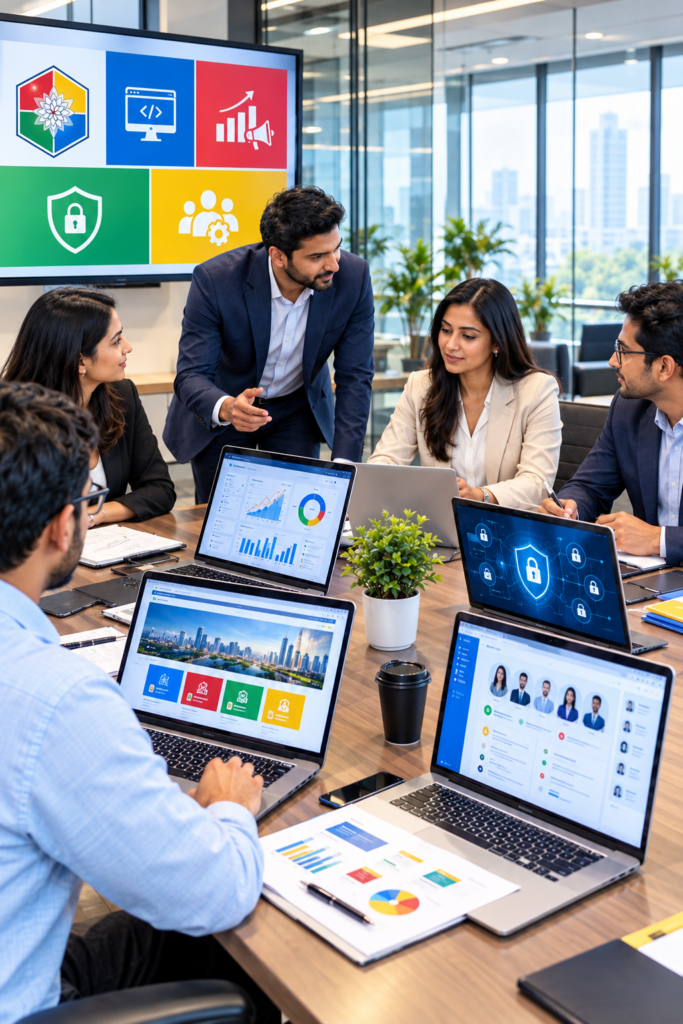 Indian business team discussing digital strategy, web development, marketing analytics, cybersecurity and HR solutions in a modern corporate office